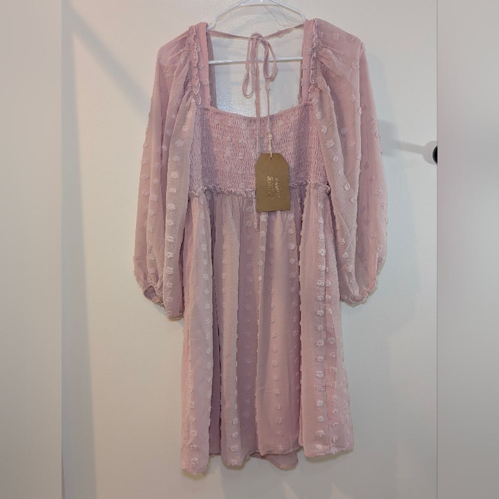 Listicle Pink Swiss Dot Smocked Dress Size L NWTPuff Sleeve Cottagecore Peasant - Picture 2 of 10